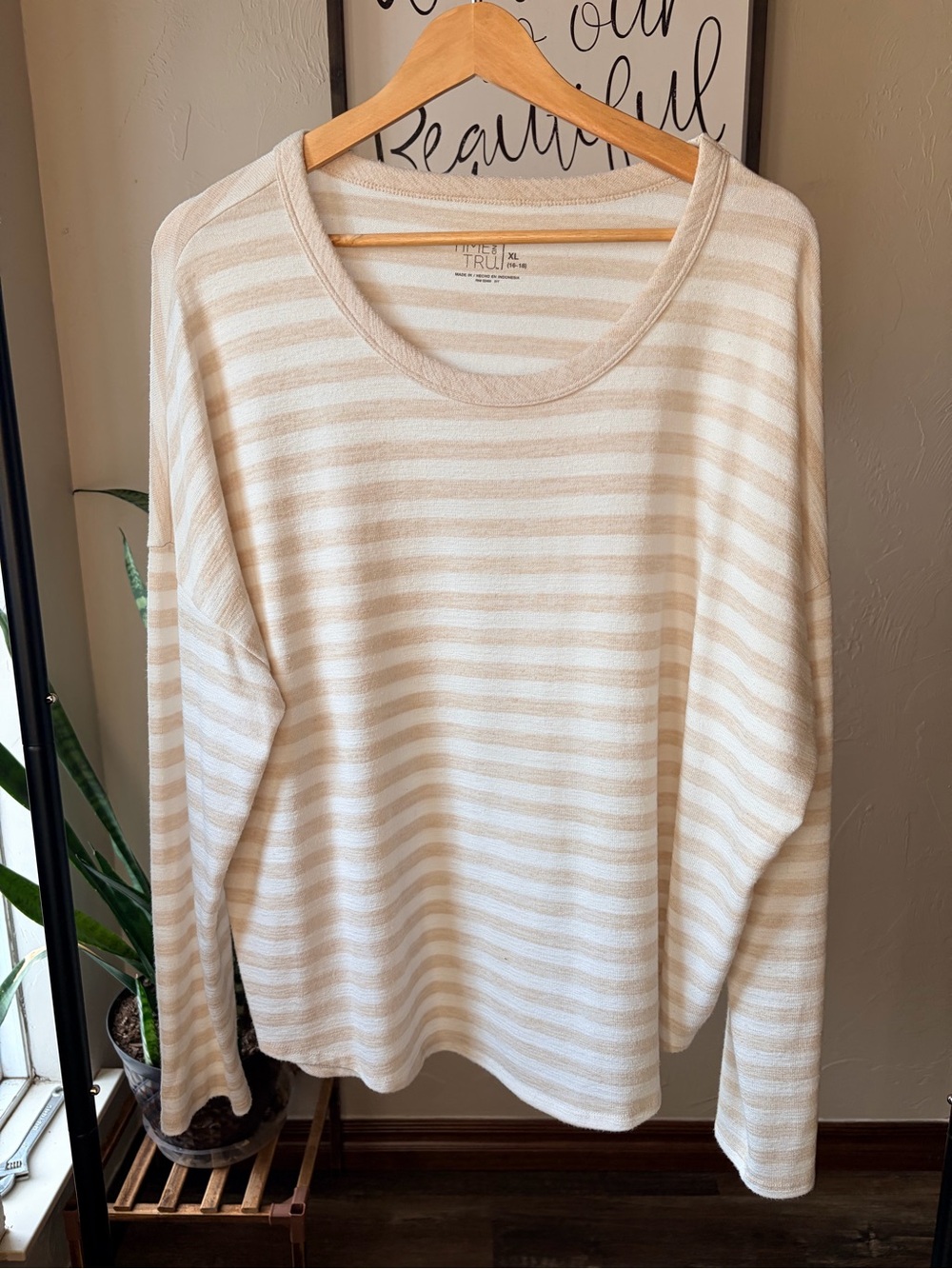 Time and Tru Cream and White Striped Crewneck Sweater XL